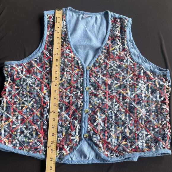 Cascade Blues Vest Womens 2X Blue Patchwork Plaid Embroidered Button Up Boho - Picture 8 of 8